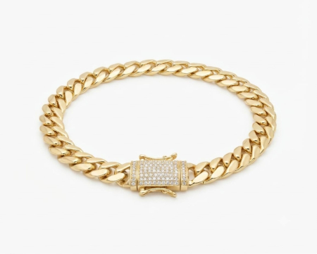 Bijuterii barbati - Brățară Aur 14K Miami Cuban Link cu Închizătoare Pavată în Cristale