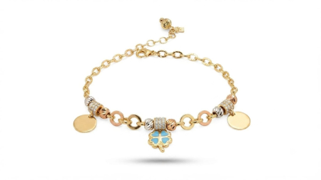 bratari aur 14k - Brățară Aur 14K Tricoloră cu Trifoi și Charm-uri – 5.84g, 17+3cm