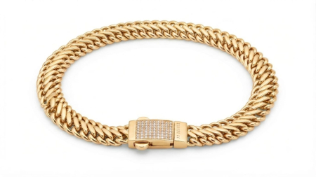 bratari aur 14k - Brățară Aur Galben 14K Model Double Cuban Link cu Închizătoare Pavată | 19 cm, 6.87g