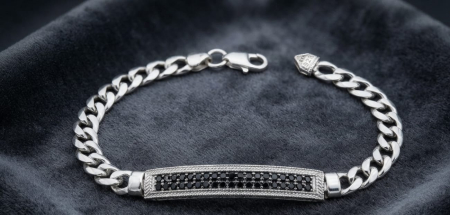 Bijuterii argint 925 - Brățară Bărbătească din Argint 925 Masiv „Black Onyx Pavé” – Model Grumet cu Plăcuță