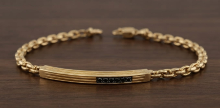 BRATARA CU DIAMANTE - Brățară Bărbătească din Aur Galben 14K cu Plăcuță și Diamante Negre 0.15 CT