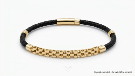Bijuterii barbati - Brățară Bărbătească din Piele Împletită Neagră și Element Central Stil Zale din Aur Galben 14K