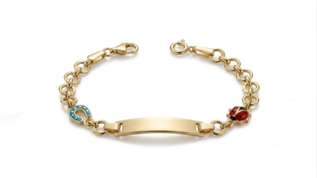 Bijuterii copii - Brățară Copii Aur 14K cu Plăcuță, Buburuză și Potcoavă – 3.68g, 14cm