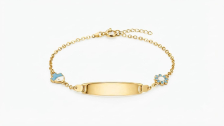 Bijuterii copii - Brățară Copii Aur 14K cu Plăcuță, Hamsa și Floare Bleu – 2g, 14+1cm