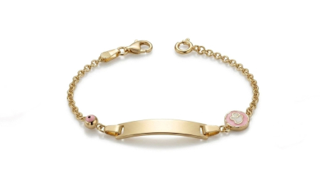 Bijuterii copii - Brățară Copii Aur 14K cu Plăcuță, Lăbuță și Ochi Norocos Roz – 2.06g, 12+2cm