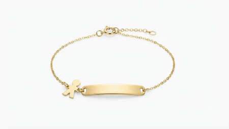 Bijuterii copii - Brățară Copii Aur 14K cu Plăcuță și Pandantiv Băiețel – 1.25g, 12+2cm