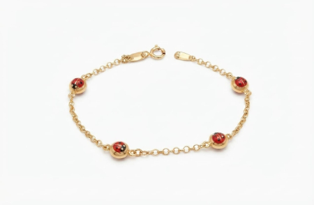 Bijuterii copii - Brățară Copii Aur Galben 14K cu 4 Buburuze Norocoase – 2.6g, 14cm