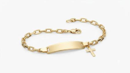 Bijuterii copii - Brățară Copii din Aur Galben 14K cu Plăcuță Gravabilă și Talisman Cruce | 12 cm, 3g