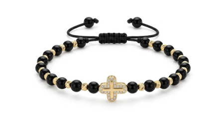 BRATARI BARBATI AUR 14K - Brățară cu Bile din Aur 14K, Onix Negru și Cruce Inkrustată cu Cristale