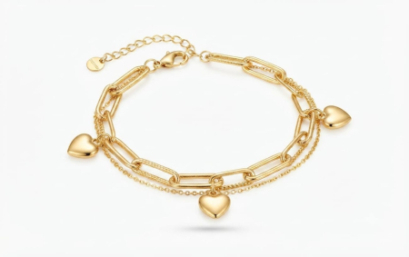 bijuterii aur - Brățară Damă Aur 14K, Model Lanț Dublu cu Inimi Lucioase, Reglabila