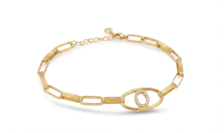 bratari aur 14k - Brățară Damă Aur 14K, Model Zale Dreptunghiulare, Element Oval cu Pietre