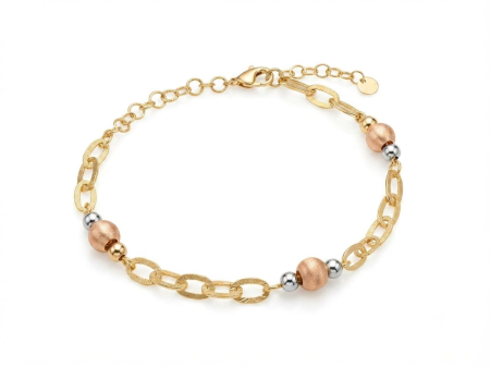 bijuterii aur - Brățară Damă Aur 14K Tricolor, Model Zale Ovale și Sfere Multicolore, Reglabila