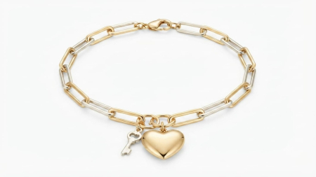 bratari aur 14k - Brățară Damă din Aur Bicolor 14K Paperclip cu Talismane Inimă și Cheie | 19 cm, 5.75g