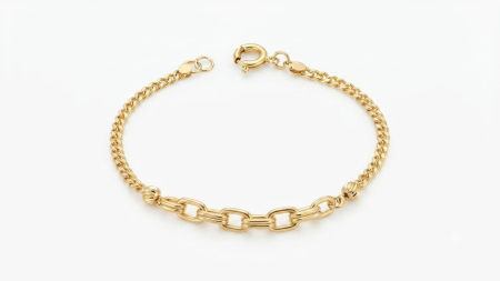 bratari aur 14k - Brățară Damă din Aur Galben 14K Combinată cu Zale Rectangulare și Biluțe Diamantate | 19 cm, 3.06g
