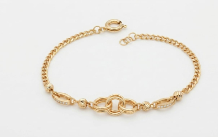 bratari aur 14k - Brățară Damă din Aur Galben 14K cu Cercuri Întrețesute și Zale Pavate cu Pietre | 19+1 cm, 4.05g