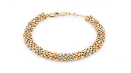 bratari aur 14k - Brățară Damă din Aur Tricolor 14K cu Elemente Canelate și Sfere Diamantate | 17+3 cm, 8.24g