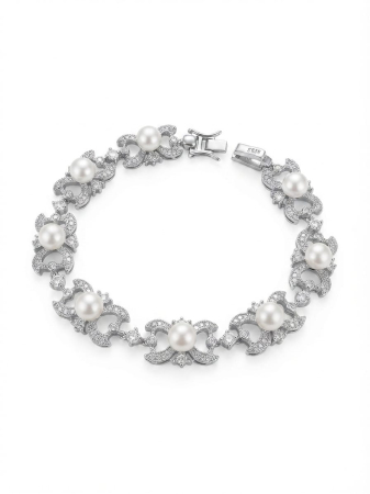 Bratara argint 925 dama - Brățară de Lux din Argint 925 cu Perle și Zale Filigranate Încrustate cu Zirconii, 18 cm, 16.20g