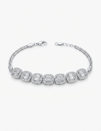 Bratara argint 925 dama - Brățară de Lux din Argint 925 cu Șapte Medalioane Pătrate și Zirconii Baguette, 17+3 cm, 8g