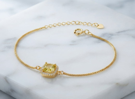 Bratara argint 925 dama - Brățară din Argint 925 Aurit Cushion Yellow Citrine Halo – Rafinament și Strălucire Solară