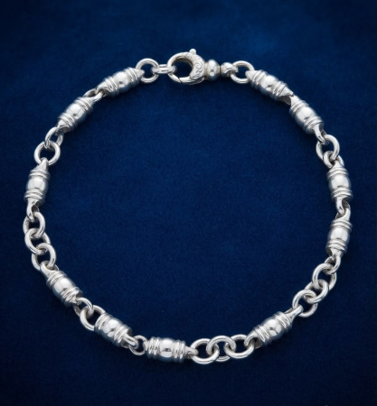bijuterii barbati - Brățară din Argint 925 „Baroque Barrel Link” - Cu Segmente Cilindrice Texturate și Zale Duble