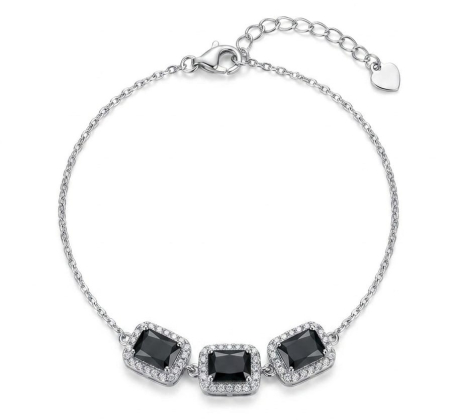 Bratara argint 925 dama - Brățară din Argint 925 cu 3 Cristale Zirconiu Negru Emerald-Cut și Halo