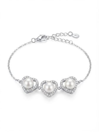 Bratara argint 925 dama - Brățară din Argint 925 cu 3 Inimi din Perle și Zirconiu - Placată cu Rodiu, 5.35g, 17+3 cm