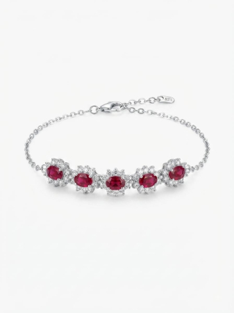 Bratara argint 925 dama - Brățară din Argint 925 cu Cinci Medalioane Florale, Zirconii Roșu-Rubin și Cristale Albe, 17+3 cm, 4g