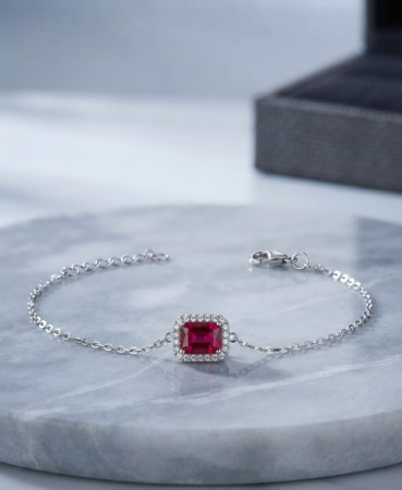 Bratara argint 925 dama - Brățară din Argint 925 cu Cristal Dreptunghiular Roșu și Zirconiu, 16+2 cm, 1.80g