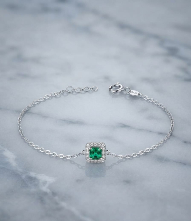 Bratara argint 925 dama - Brățară din Argint 925 cu Cristal Pătrat Verde Smarald și Zirconiu, 17+3 cm, 1.5g