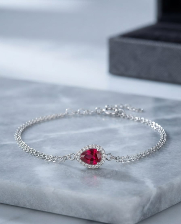 Bratara argint 925 dama - Brățară din Argint 925 cu Cristal Roșu în Formă de Lacrimă și Zirconiu, Lanț Dublu, 17+3 cm, 1.9g