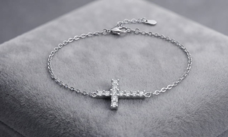 Bratara argint 925 dama - Brățară din Argint 925 cu Cruce din Zirconiu - Placată cu Rodiu, 2.59g, 17+3 cm