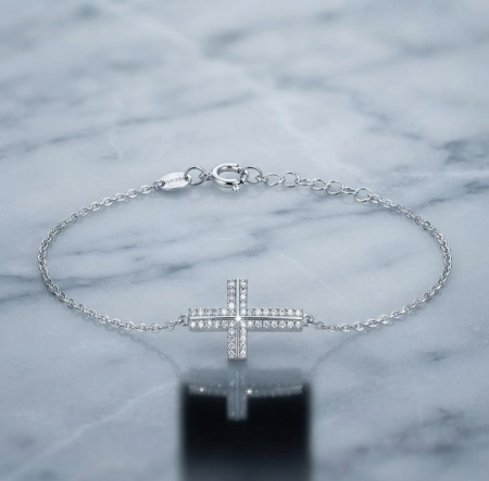 Bratara argint 925 dama - Brățară din Argint 925 cu Cruce Orizontală Pavată cu Zirconiu, 17+3 cm, 2g
