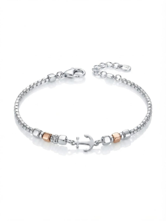 bijuterii barbati - Brățară din Argint 925 cu Lanț Venetian, Pandantiv Ancoră și Cuburi Bicolore Rose Gold, 19+3 cm, 7.60g