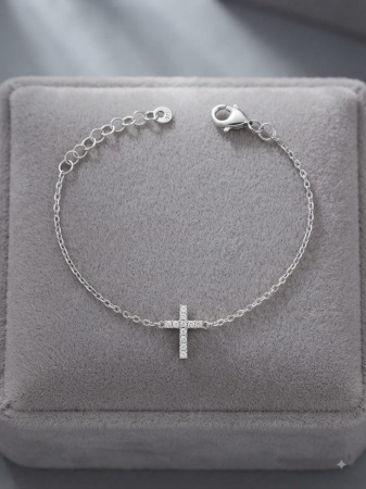 Bratara argint 925 dama - Brățară din Argint 925 cu Pandantiv Cruce Centrală și Zirconiu, 17+3 cm, 1.3g