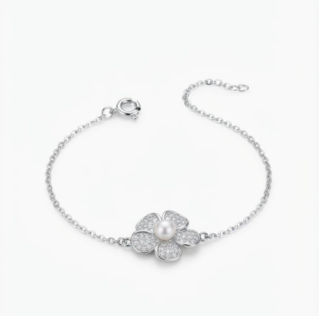 Bratara argint 925 dama - Brățară din Argint 925 cu Pandantiv Floare, Perlă și Zirconiu – Colecția Bloom Blossom