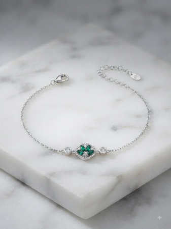 Bratara argint 925 dama - Brățară din Argint 925 cu Pandantiv Floral, Zirconiu Verde și Alb, 17+3 cm, 2.32g