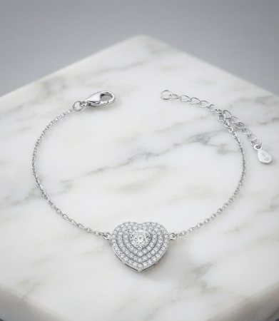 Bratara argint 925 dama - Brățară din Argint 925 cu Pandantiv Inimă, Cristal Solitar și Dublu Halo Pavé, 17+3 cm, 3.6g