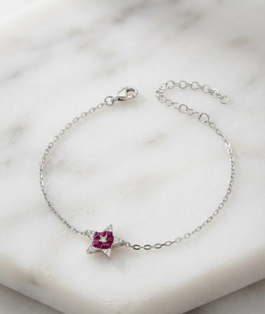 Bratara argint 925 dama - Brățară din Argint 925 cu Pandantiv Stea, Cristale Roșii și Zirconiu, 17+3 cm, 1.75g