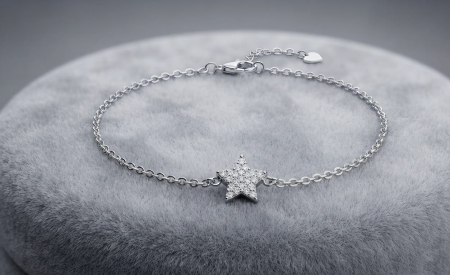Bratara argint 925 dama - Brățară din Argint 925 cu Pandantiv Stea și Zirconiu - Placată cu Rodiu, 1.7g, 17+3 cm