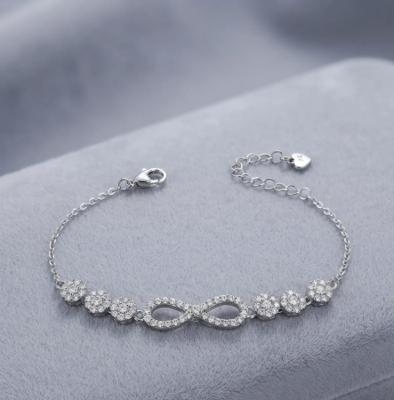 Bratara argint 925 dama - Brățară din Argint 925 cu Simbolul Infinitului, Medalioane Florale și Zirconiu, 17+2 cm, 4.60g