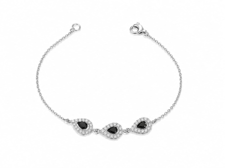 Bijuterii argint 925 - Brățară din Argint 925 cu Trei Pandantive Pară și Zirconiu Negru – Eleganță și Contrast Fascinant