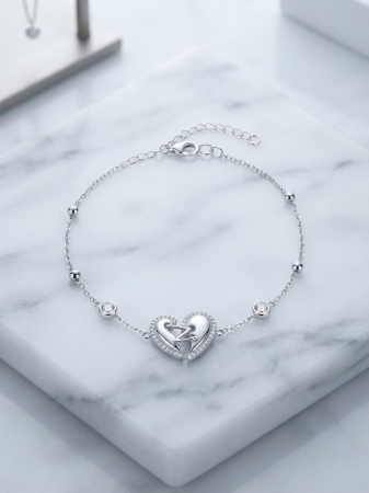Bijuterii argint 925 - Brățară din Argint 925 „Heart Initial Z” – Lanț cu Biluțe, Cristale Solitaire și Inimă cu Pavé, 17+3 cm, 3gr