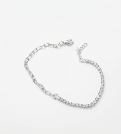 Bratara argint 925 dama - Brățară din Argint 925 Hibrid, Model Tennis cu Cristale și Zale Paperclip (2.7g, 17+3cm)