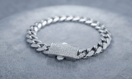 bijuterii barbati - Brățară din Argint 925 Model Cuban Link cu Închizătoare Iced Out - Placată cu Rodiu, 11.6g, 17 cm