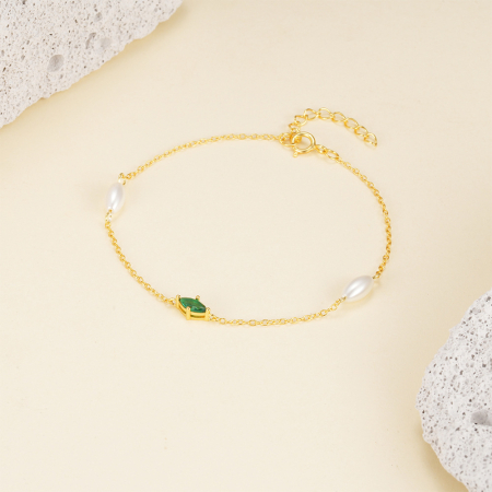 Bratara argint 925 dama - Brățară din Argint 925 Placat cu Aur, cu Zirconiu Verde Marquise și Perle Naturale, Lungime Ajustabilă