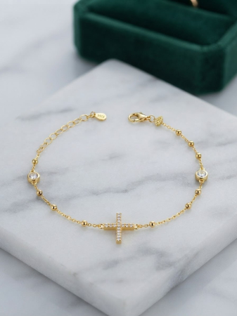 Bratara argint 925 dama - Brățară din Argint 925 Placat cu Aur Galben, Model Cruciuliță cu Cristale (2.37g, 17+3cm)