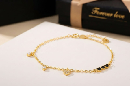 Bratara argint 925 dama - Brățară din Argint 925 Placat cu Aur – Model Romantic cu Inimioare și Zirconiu, 17+3 cm