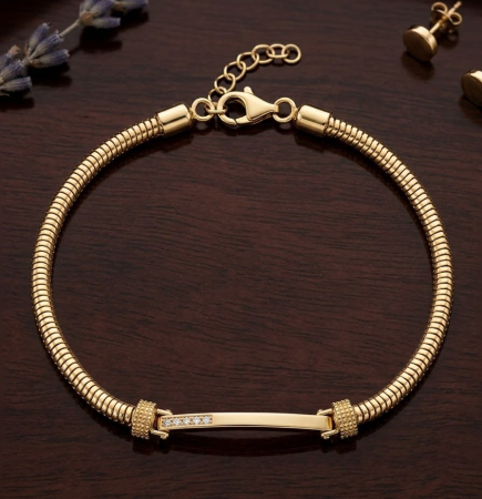 Bratara argint 925 dama - Brățară din Argint 925 Placat cu Aur – Model Snake Chain cu Plăcuță și Cristale