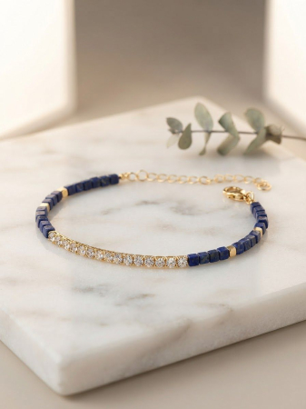 Bratara argint 925 dama - Brățară din Argint 925 Placată cu Aur, Lapis Lazuli și Linie Tennis – Un Contrast Regal