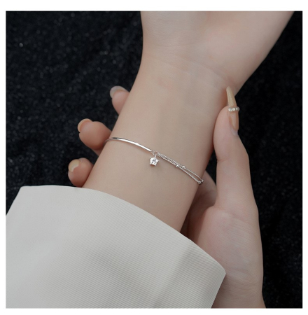 Bratara argint 925 dama - Brățară din Argint 925 Rodiat cu Design Asimetric și Stea – Starry Night Bangle